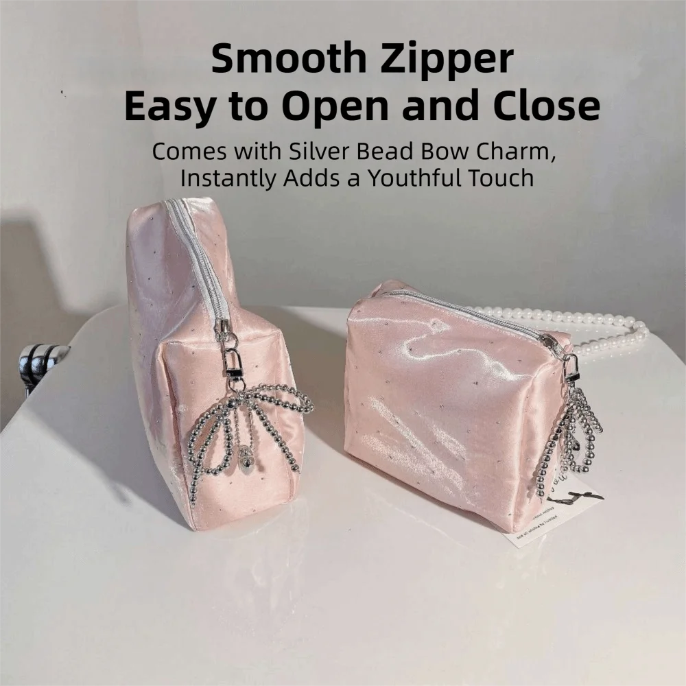 Luxury Sequin Cosmetic Bag Handheld Portable Cosmetic Organizer Zipper Beaded Bowknot Rhinestone Handbag Women's Use