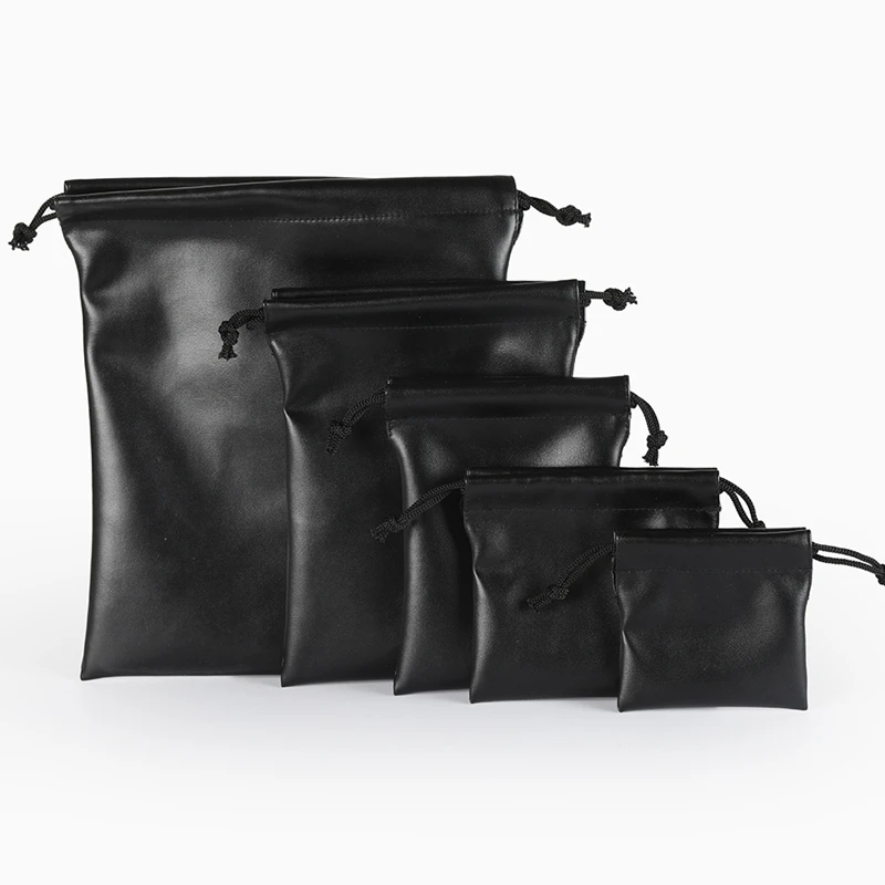 Unisex Black PU Leather Drawstring Pouch Waterproof Jewelry Storage Bag Headphones Protector Pocket Household Dustbags