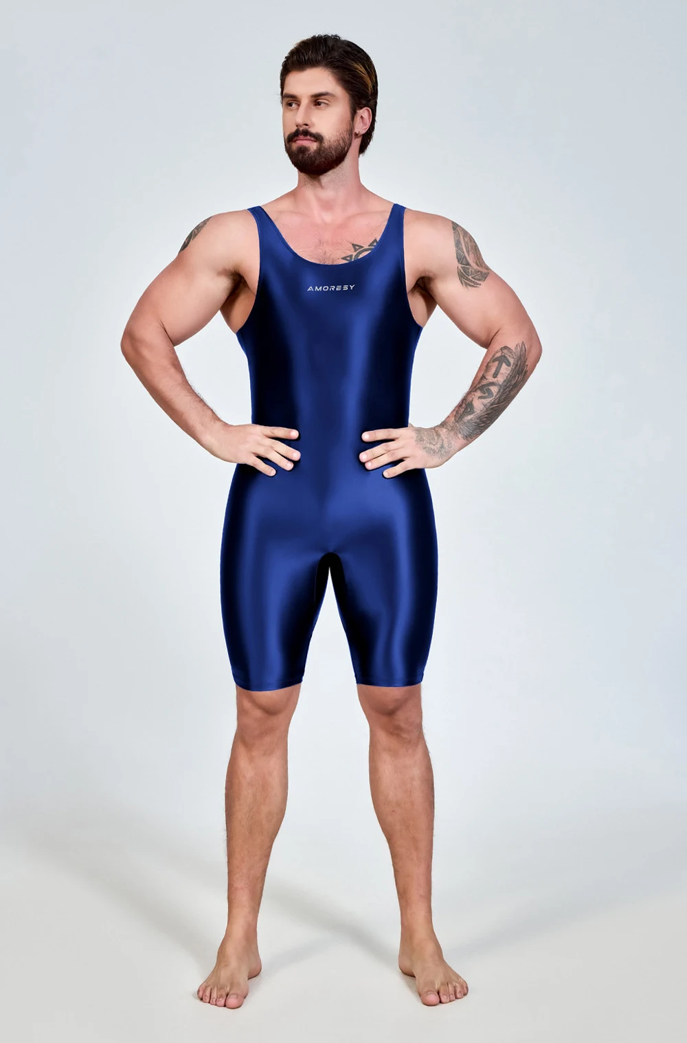 AMORESY Herren Sexy Glänzender, glatter Bodybuilder-Singlet, ärmellos, zum Laufen, Catsuits, Fitness, Yoga, Sport, Overall, Radfahren, einfarbig, eng anliegend – Detail 14