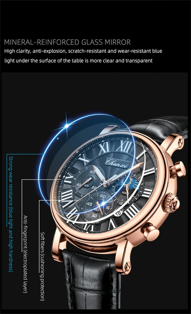 CHENXI 973 Herren-Quarz-Armbanduhr, wasserdicht, leuchtender Chronograph, Multifunktions-Mondphase-Herrenuhren, часы Afrikaans – Detail 15