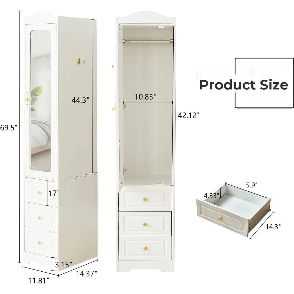 Armario Armario, Armarios de dormitorio de madera modernos de 69,5 pulgadas de alto con puerta de espejo y 6 cajones, almacenamiento de ropa blanco