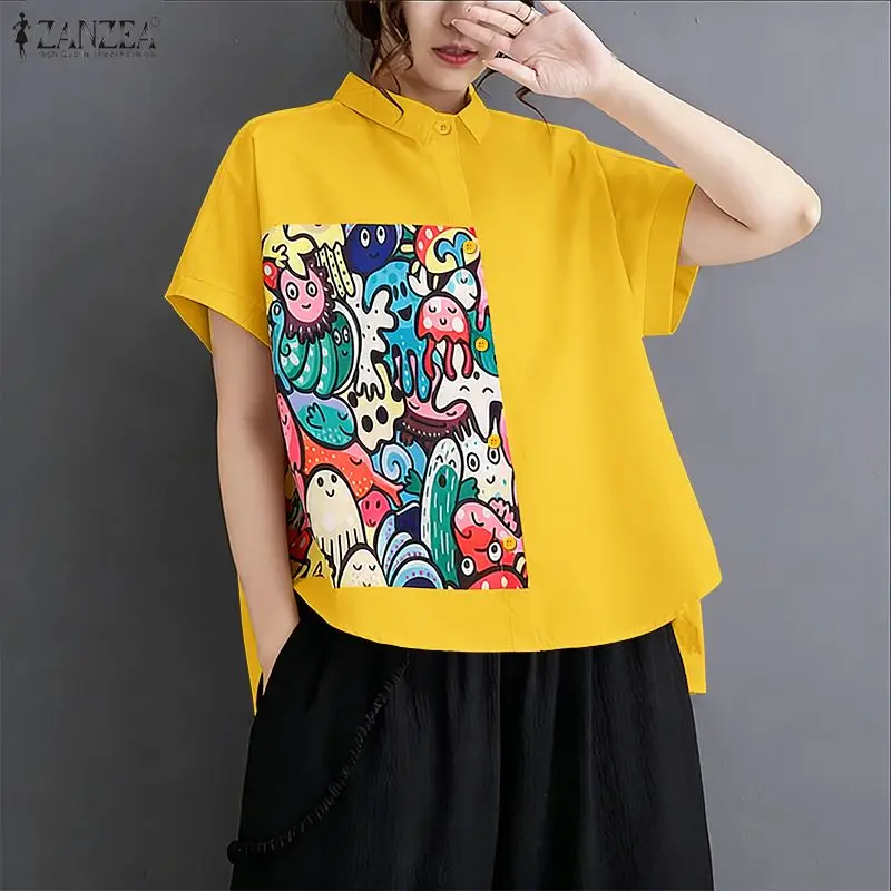 

Summer Fashion Shirt 2026 ZANZEA Vintage Printed Blouse Women Lapel Neck Short Sleeve Work Tops High Low Blusas Loose Chemise