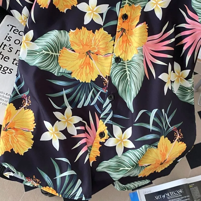 Retro Hong Kong Sle ort Sve Floral Print Loose Fit Versatile irt  Collar Polyester Fiber Summer New Arrival