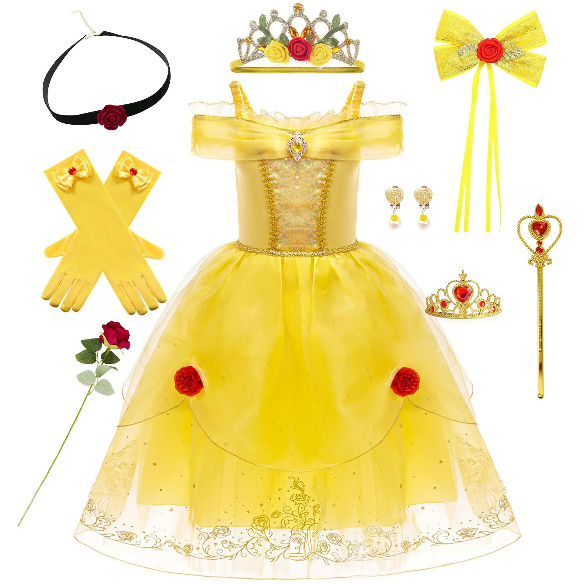 Shiny Toddler Little Girls Movie Beauty and the Beast Princess Bella Yellow Cosplay Halloween Dress