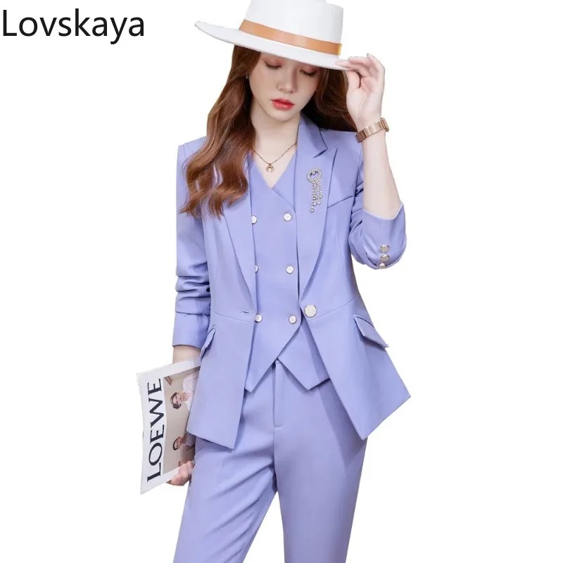 

Ladies Formal Business Work Career Wear 3 Pieces Set Women Vest Blazer and Pant Suit Yellow Blue Khaki Black Red Purple