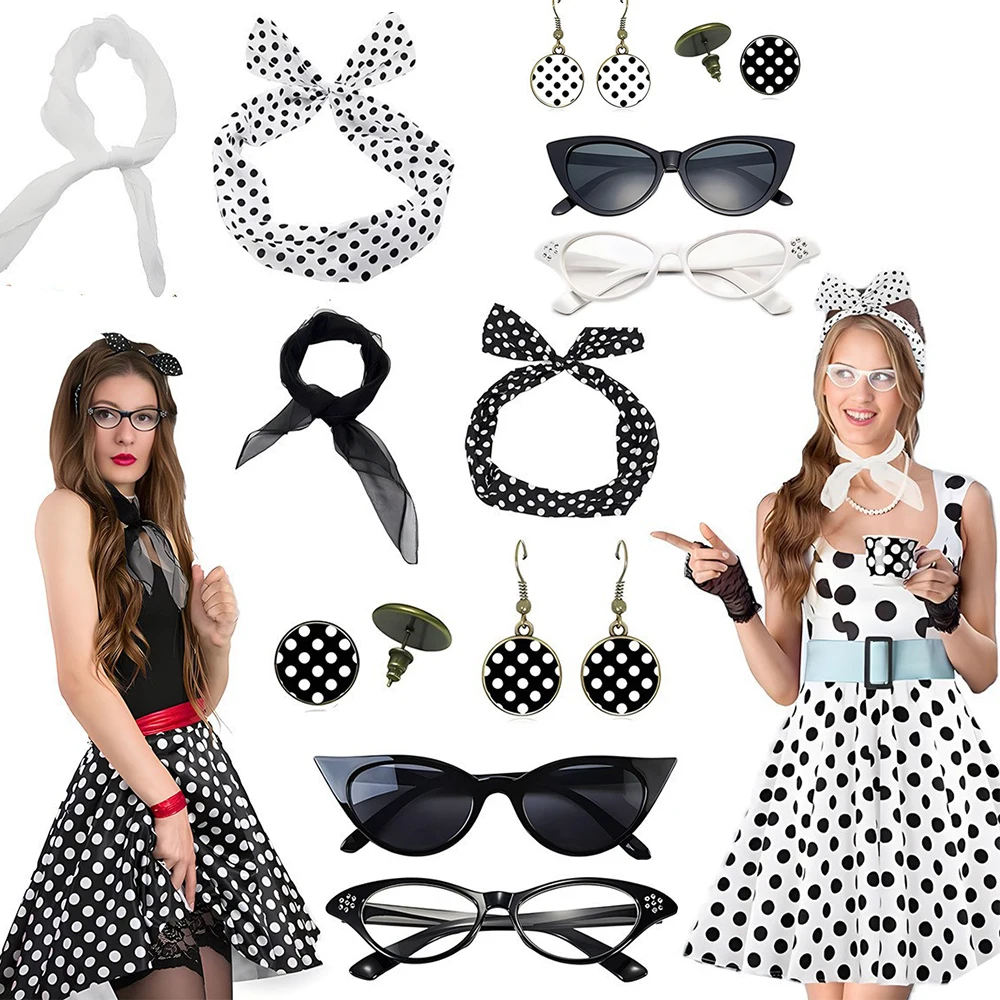 

Carnival 1950S Party Polka Dot Accessories Set Cat-Eye Glasses Polka Dot Retro Fashion Headband Gloves Earrings Halloween Suit