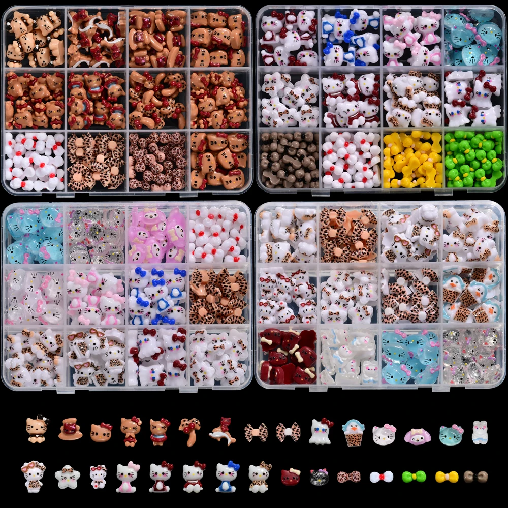 12 rasters herfst luipaard Hello Kitty nagelbedels 3D schattig luipaardprint strik Kitty kat cartoon nagelonderdelen hars DIY nagel december