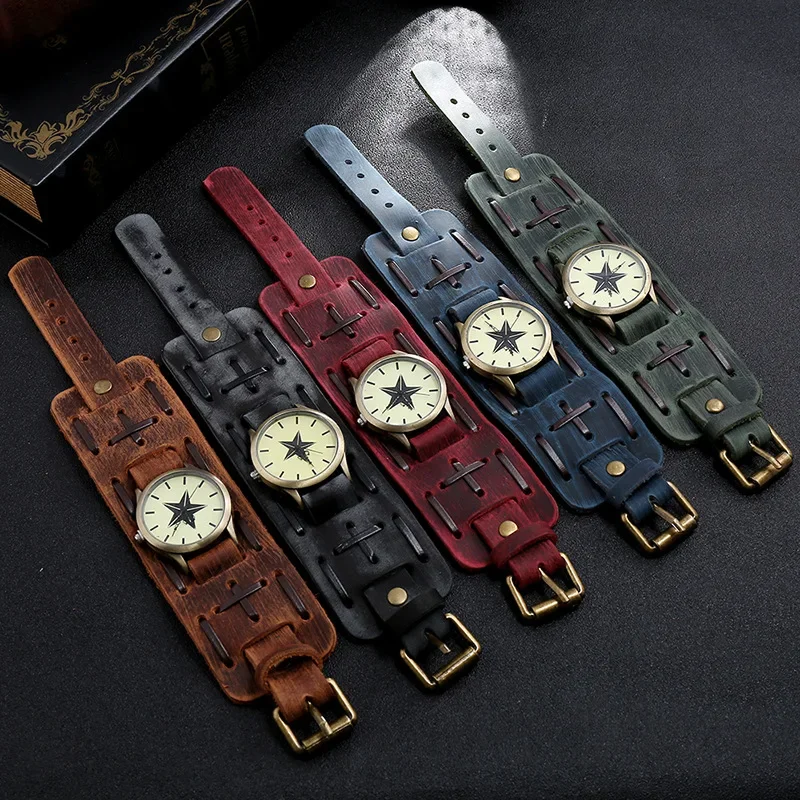 Men Women Watch Punk Genuine Leather Vintage Wide Wrap Bracelet Band Strap Watches Sport Military Quartz Clock Wristwatch