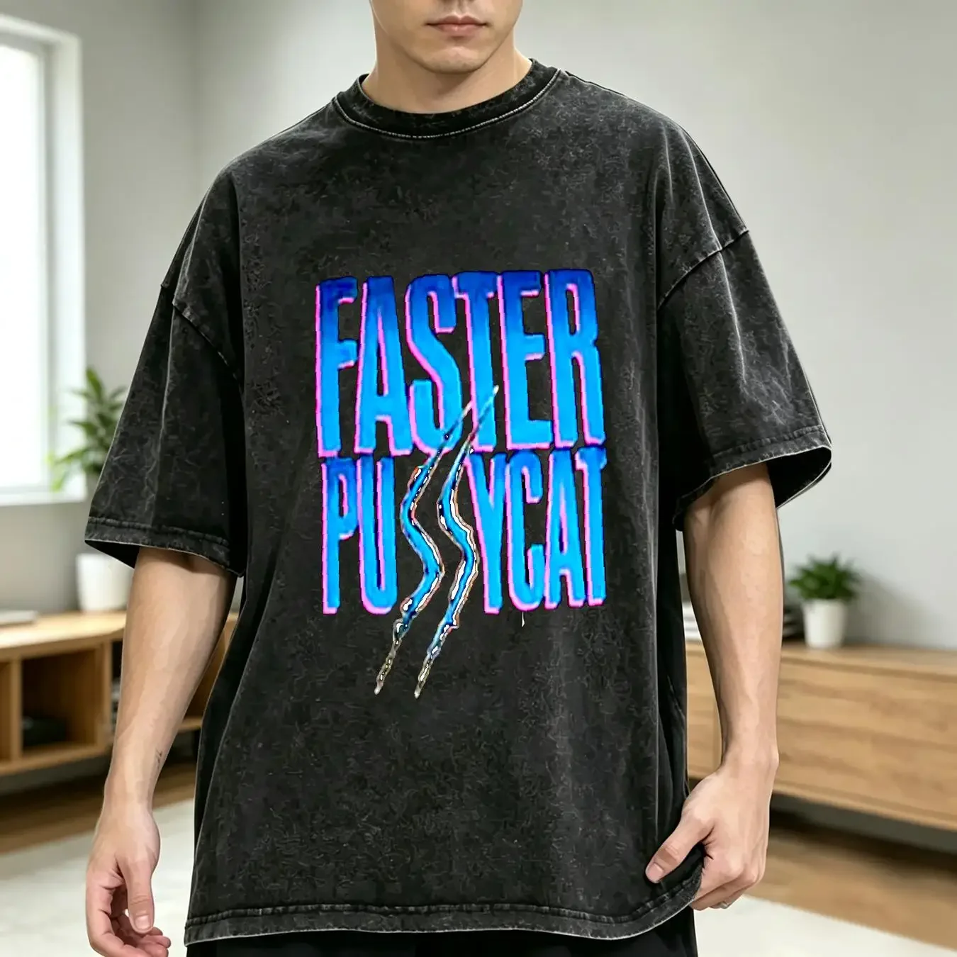 washed T Shirt Faster Pussycat Band Black great new long or short sleeves vintage Washed graphic homme fashion Slightly Stylish
