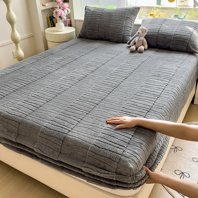 

WASART Winter warm water ripple jacquard fitted sheet elastic mattress protector cover fluffy coral fleece bed linens 150x200