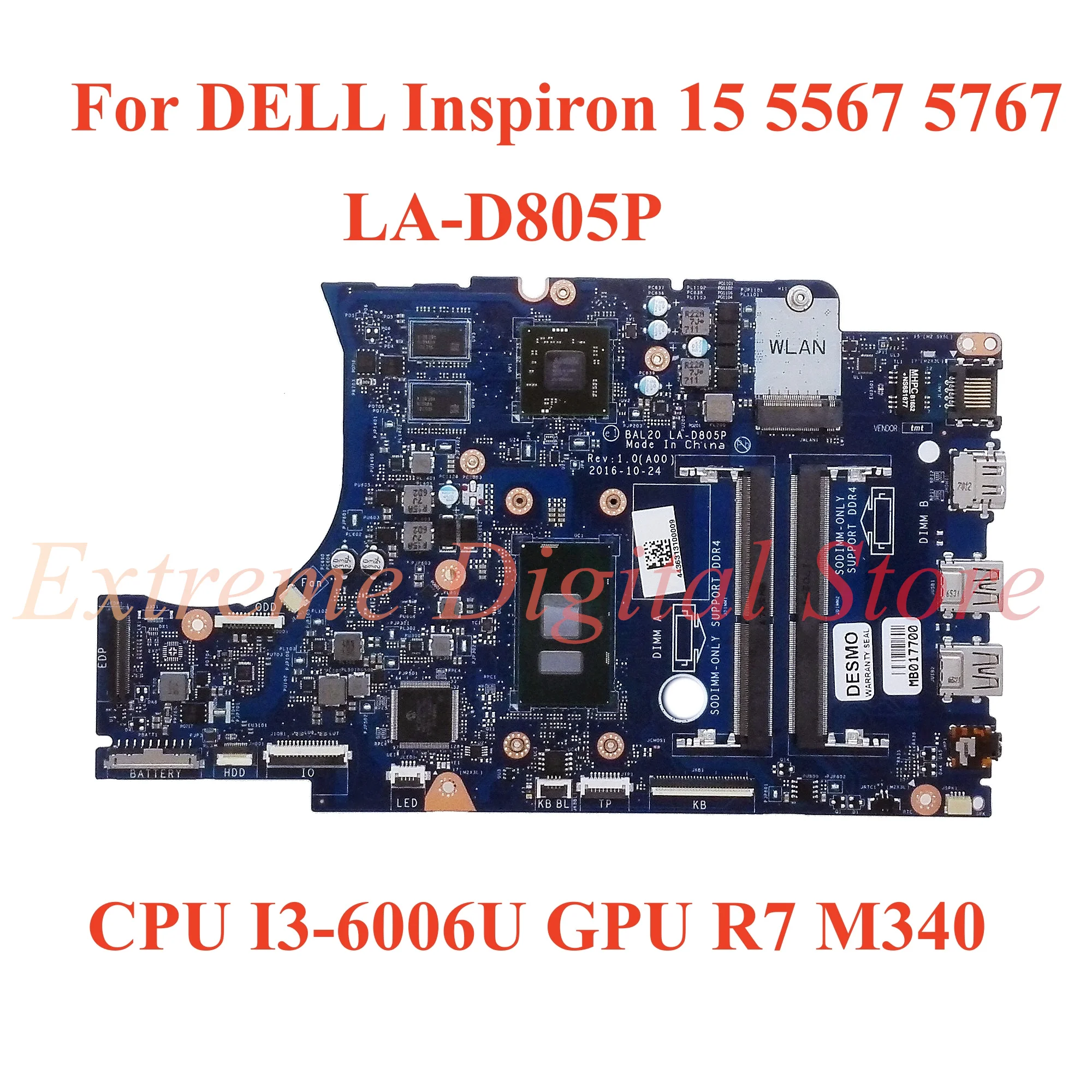 Carte Mère Dell Inspiron 15 5567 Pour Pièces - Processeur I7-7500U, Radeon R7 M260 - Référence LA-D801P