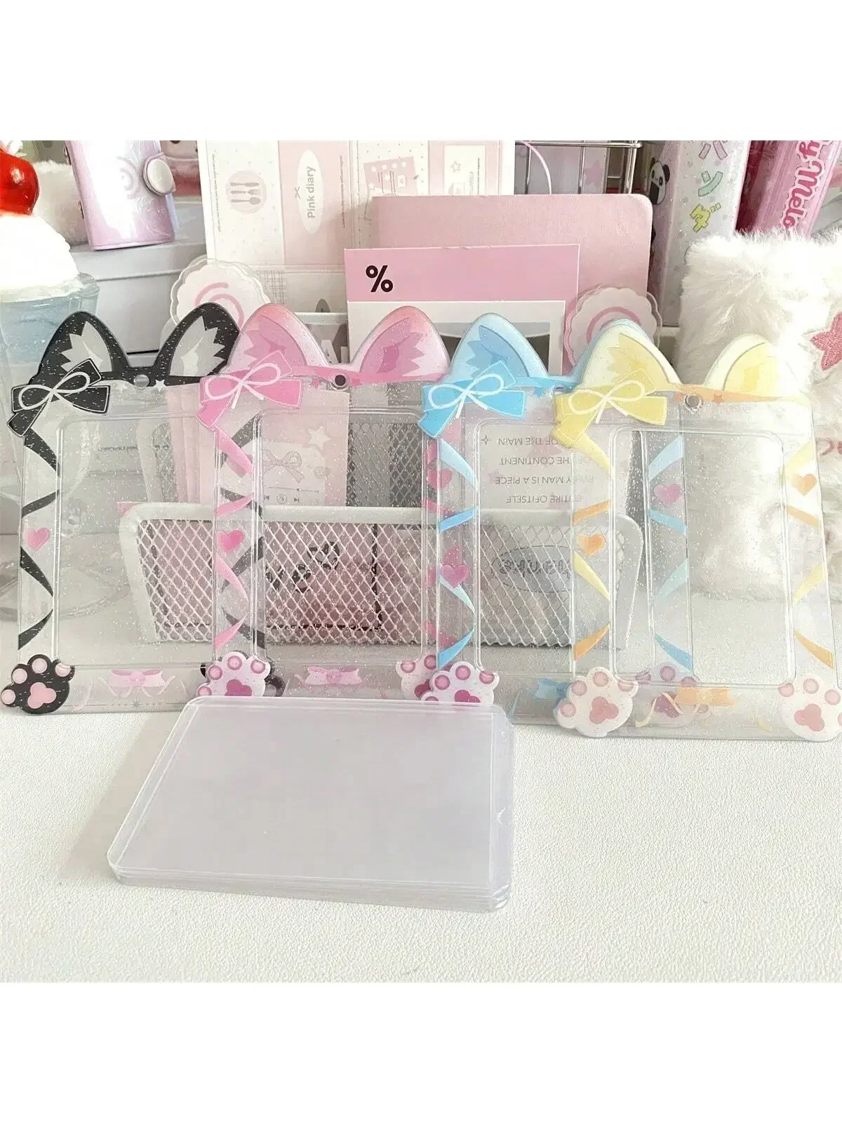 Kpop Photocard Holder Transparent Cat Ribbon 3-Inch Pvc Card Holder Cute Photo Card Holder Pendant