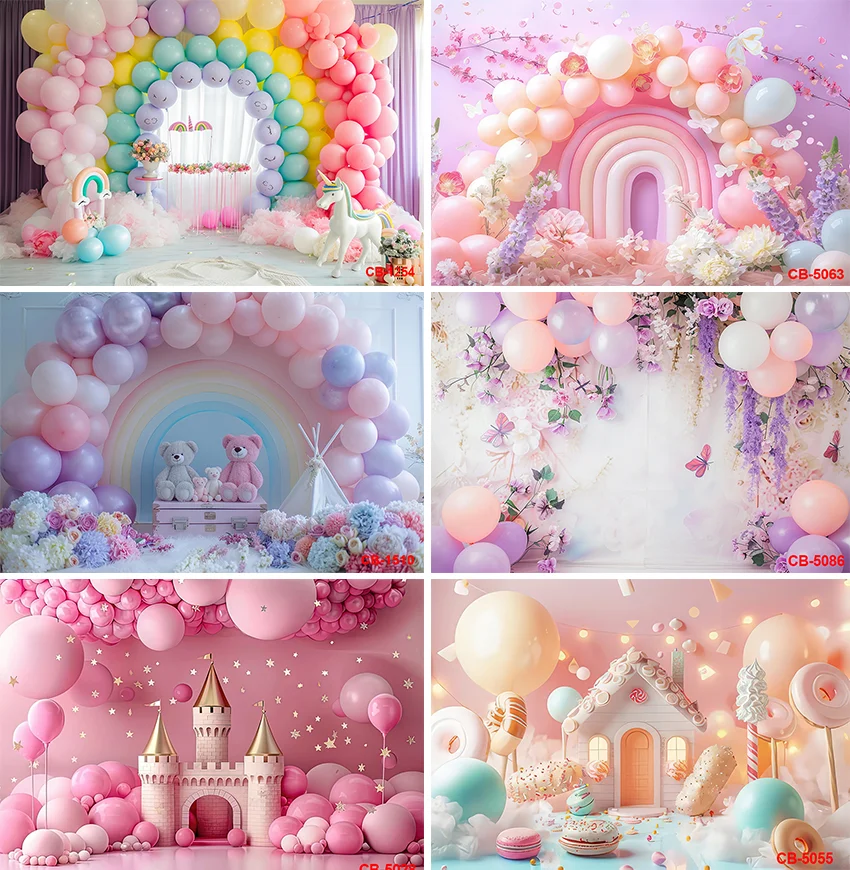 بالون ملون التصوير خلفية القلعة لطيف الدب يونيكورن الزهور عيد ميلاد الأطفال راية ملصق ديكور خلفية مخصصة