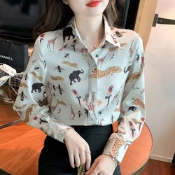 Women's Clothing Spring Autumn Turn-down Collar Cartoon Long Sleeve Printing Button Up Cardigan Shirt Office Lady Elegant Tops