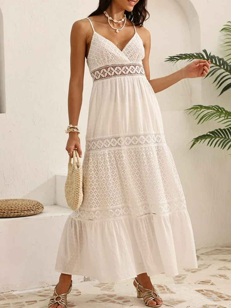 

Boho Vintage French Style Maxi Dress Strappy White Summer Vocation Women Lace Crochet Hollow Out Sexy Ladies Tiered Dresses New