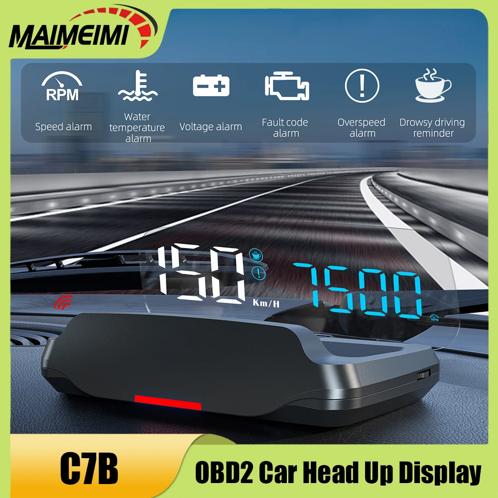 

C7B OBD HUD Head Up Display No Ghosting Real Time Car Data Km/H 6 Alarm Functions RPM Speed Temperature Voltage Overspeed Alert