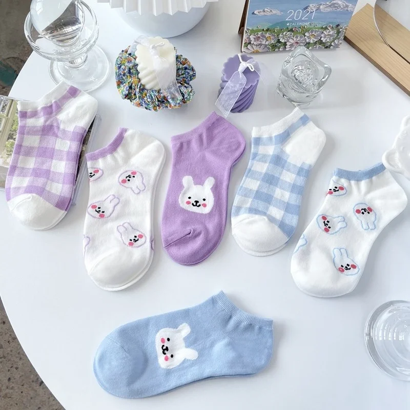 6 Pieces/Summer Women's Socks Cartoon Cute Rabbit Japanese Cotton Student Korean Version Purple-Blue Women's Socks Lolita Kawaii