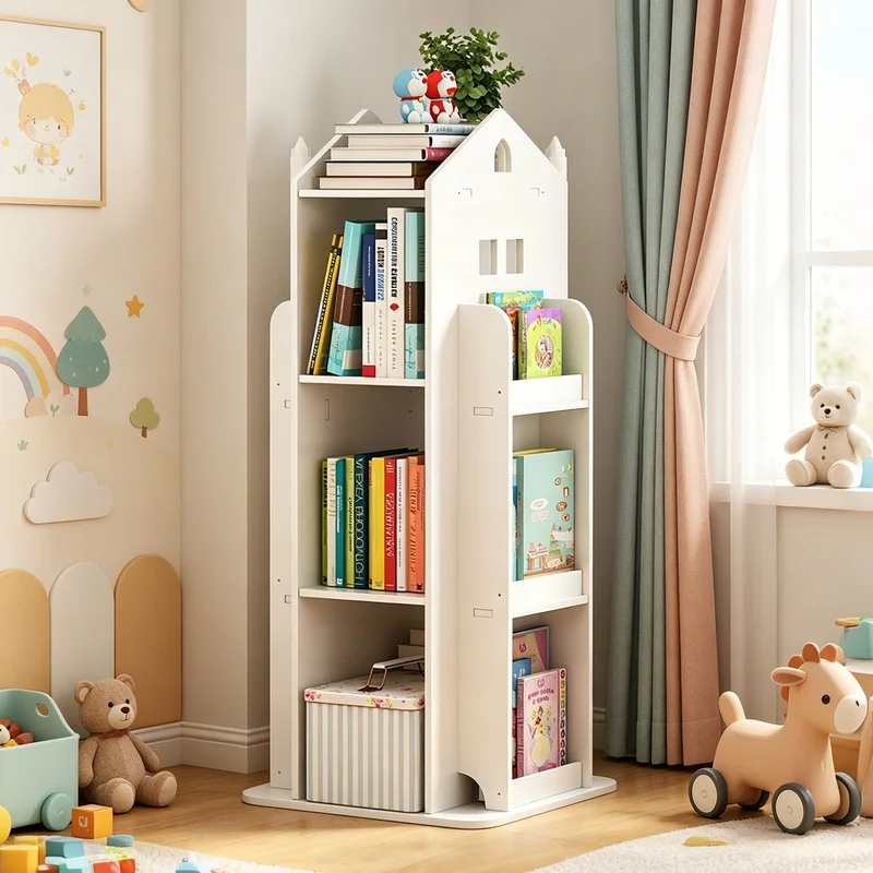 

4-Tier Rotating Bookshelf, 360° Display Floor Standing Bookcase, White Study Room Bedroom Storage Unit