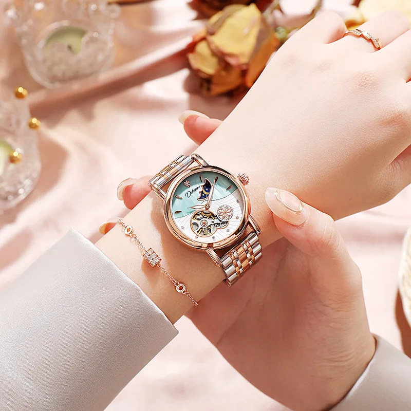 Stainless Steel Waterproof Fashion Women's Mechanical Watch Sun-Moon-Stars Multifunction Butterfly Clasp Luminous