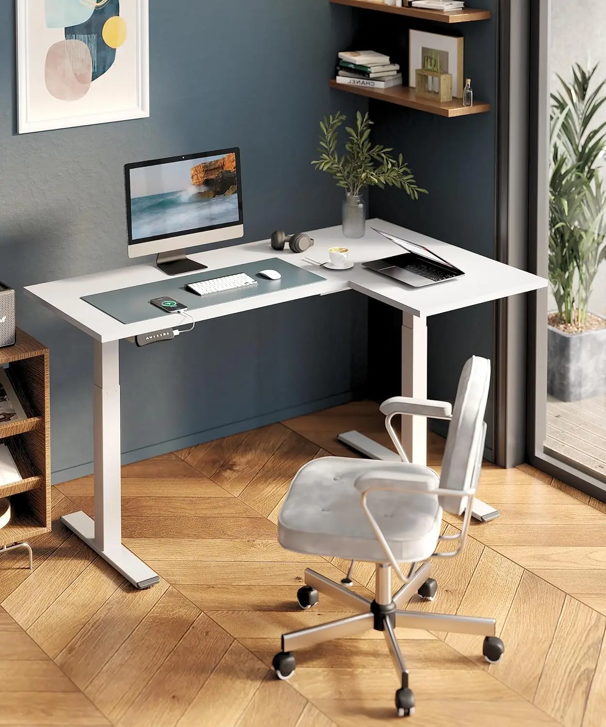 L Shaped Computer Electric Standing Desk Sit Stand Up Desk Height Adjustable White Desk Home Office Table with Splice Board