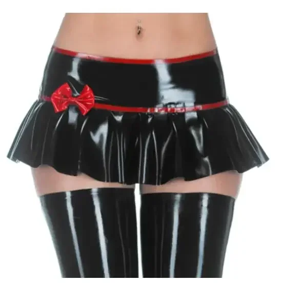 Black and Red Trims Sexy Mini Latex Skirts with Bow Short without Zippers Rubber Bottoms