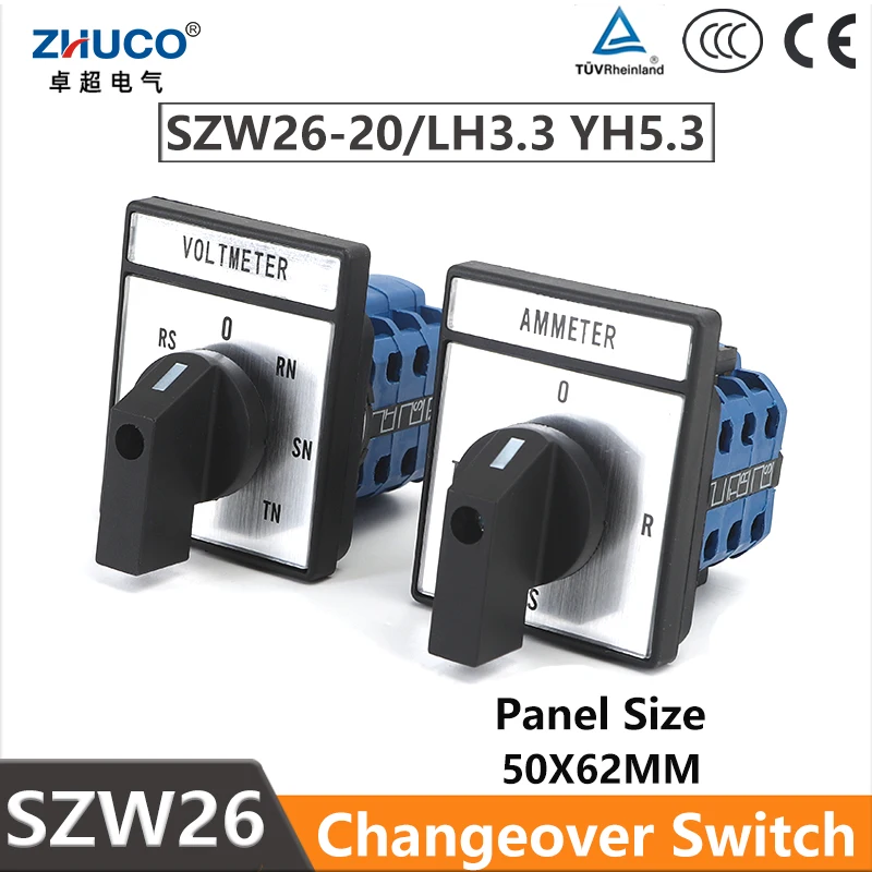 

ZHUCO SZW26/LW26-20 YH5.3 LH3.3 Ammeter 4 Positions Voltmeter 7 Positions Rotary Cam Changeover Switch 20A 3 Poles 12 Screws
