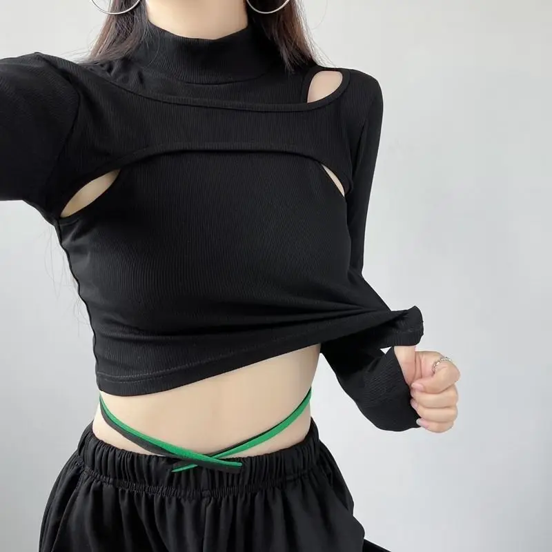 Women's round neck short T-shirt spicy girl street style high neck hollowed out sexy slim autumn style