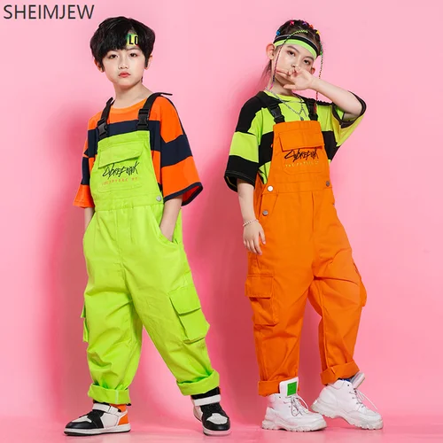 Traje de baile de Hip Hop para niños y niñas, traje de baile de Jazz, monos para actuación en escenario, camiseta verde y naranja