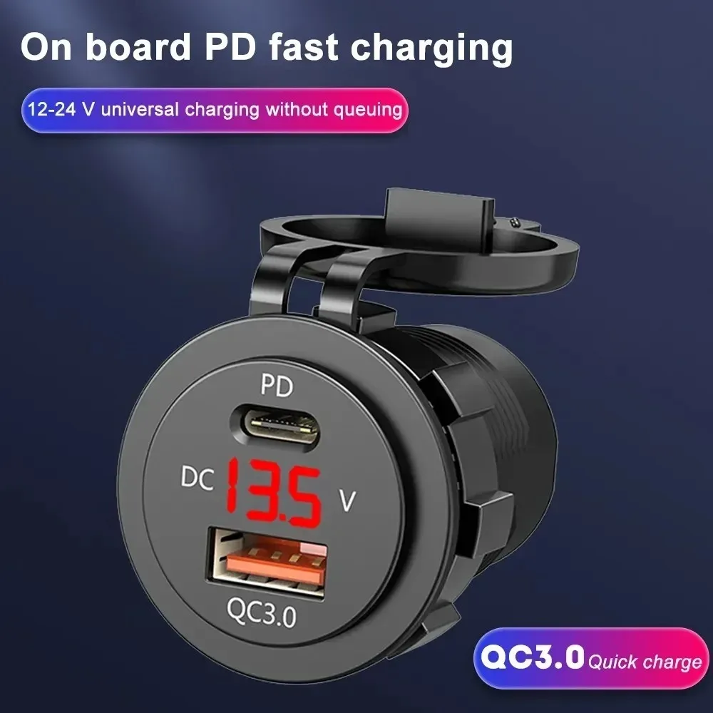 PD+QC3.0 Fast Car Charger Socket with Digital Voltmeter Waterproof 12V 24V Power Outlet for Motorcycle Truck Boat RV