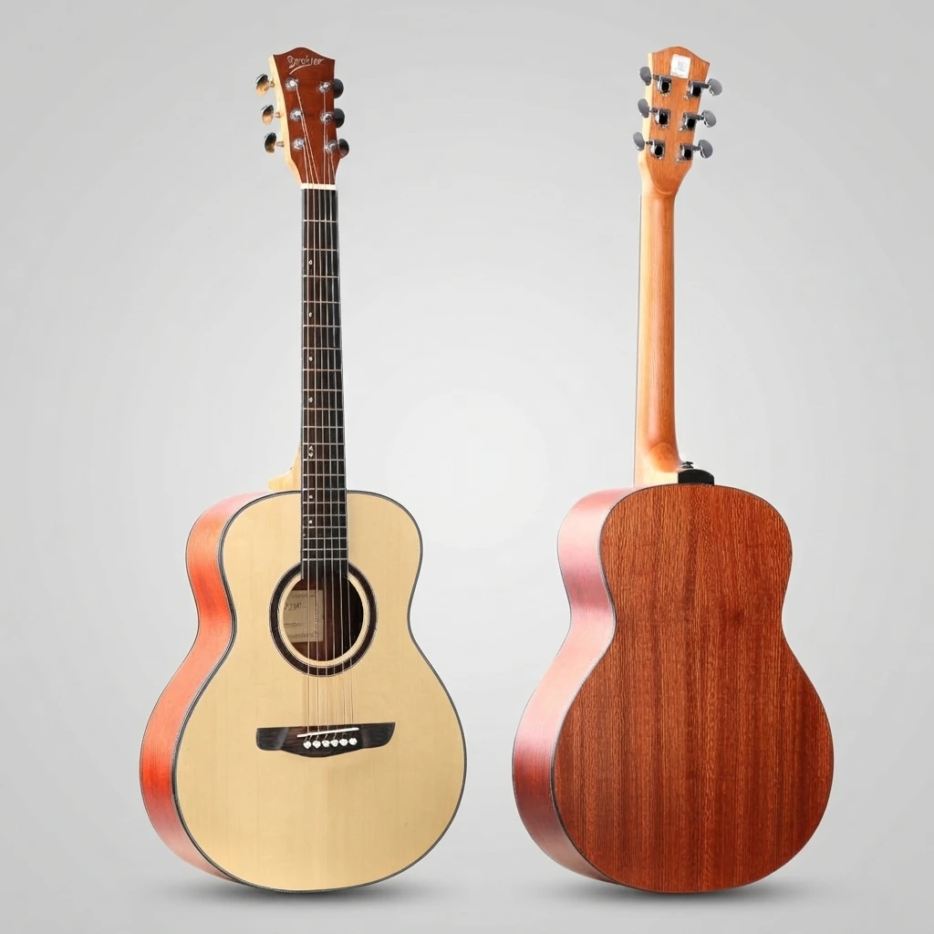 Acoustic Guitar 6 String No Cutaway Glossy Natural Top Brown Back Sides Chrome Tuners Dot Inlay Bridge White Pins Slim Neck