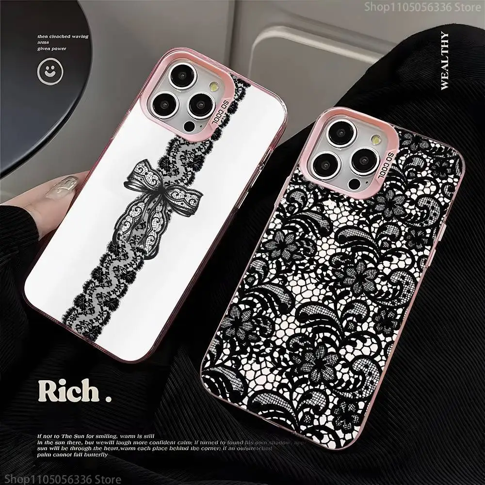 

Black lace print New Hot Phone Case For iPhone 16,15,14,13,12,11,Mini,Pro,SE,MAX,plus,Pink Matte Silicone Cover