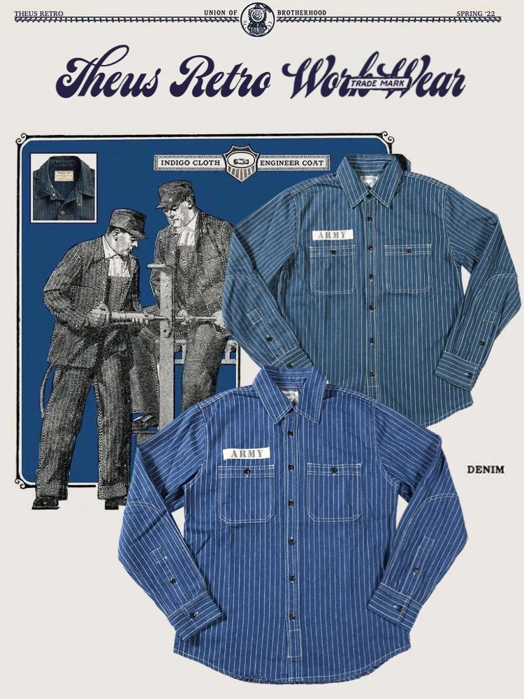 

Wabash Stripes Breathable Railways Workwear Shirt Ameika Khaki Chest Badge Denim Workwear Long Sleeve Standard Fit Jeans