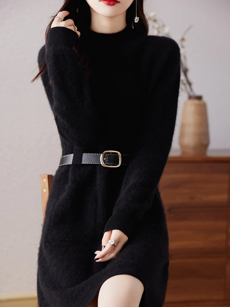 100% Pure Wool Cashmere Dress Women\'s Half High Collar Pullover Fashion Knitted Long Top 2023 Autumn/Winter Warm Skirt Korean