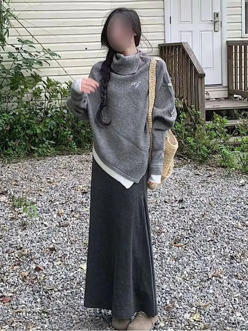 

Асимметричное пальто с высоким воротником, свитер и юбка с хвостом Fi, комплект из двух предметов для женщин, зимняя модная повседневная одежда из полиэстера F...