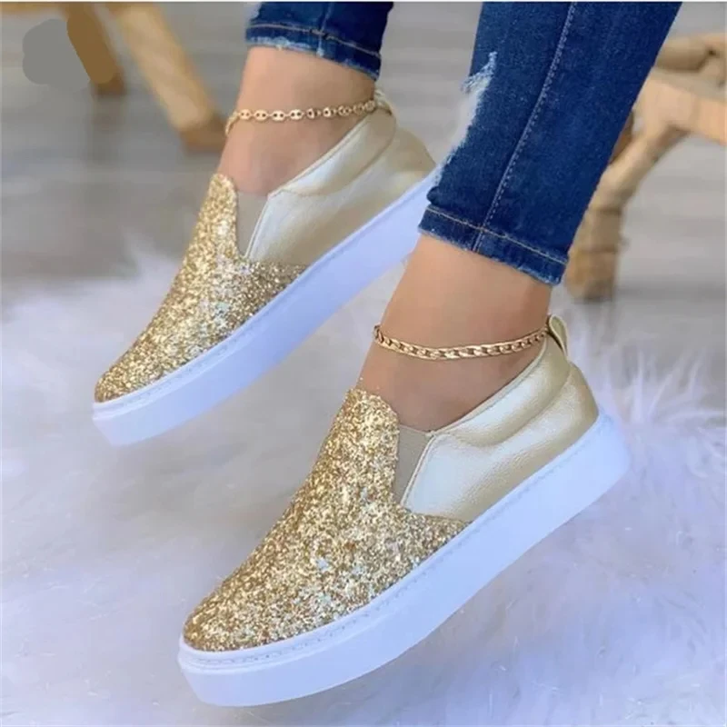 Zapatillas de deporte informales de moda para mujer, zapatos planos con diamantes de imitación, estrella brillante, costura elegante, suela gruesa, plataforma sin cordones, 36-43