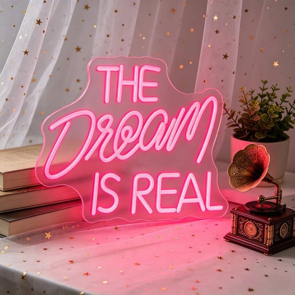 The Dream Is Real Neon Sign Dimmable Wall Light Teen Bedroom Decor LED Neon Light Beauty Salon Bar Cafe Selfie Booth Art Wall