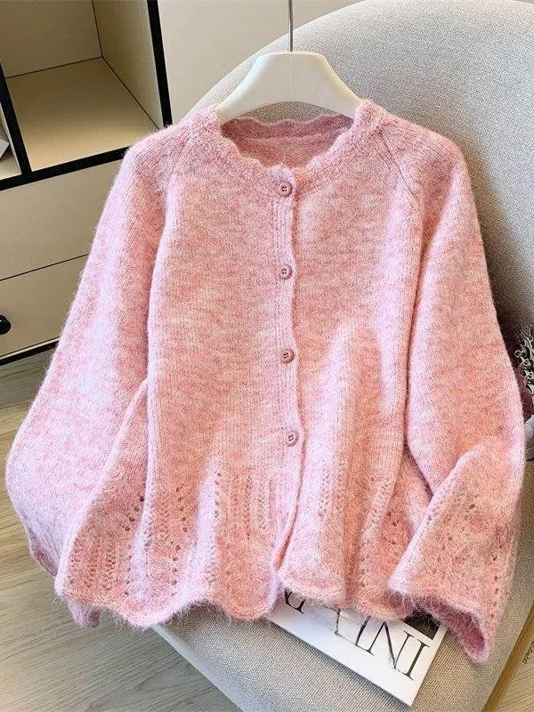 Soft Gentle Wind Handmade Lace Collar Sweater Cardigan Women's Autumn Soft Cozy Knitted Lazy High-End Knitted Shirt Coat