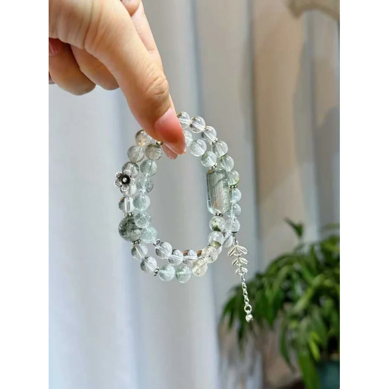 

Premium Natural Green Phantom Crystal Multi-strand Bracelet with Willow Decor, Chinese Fresh