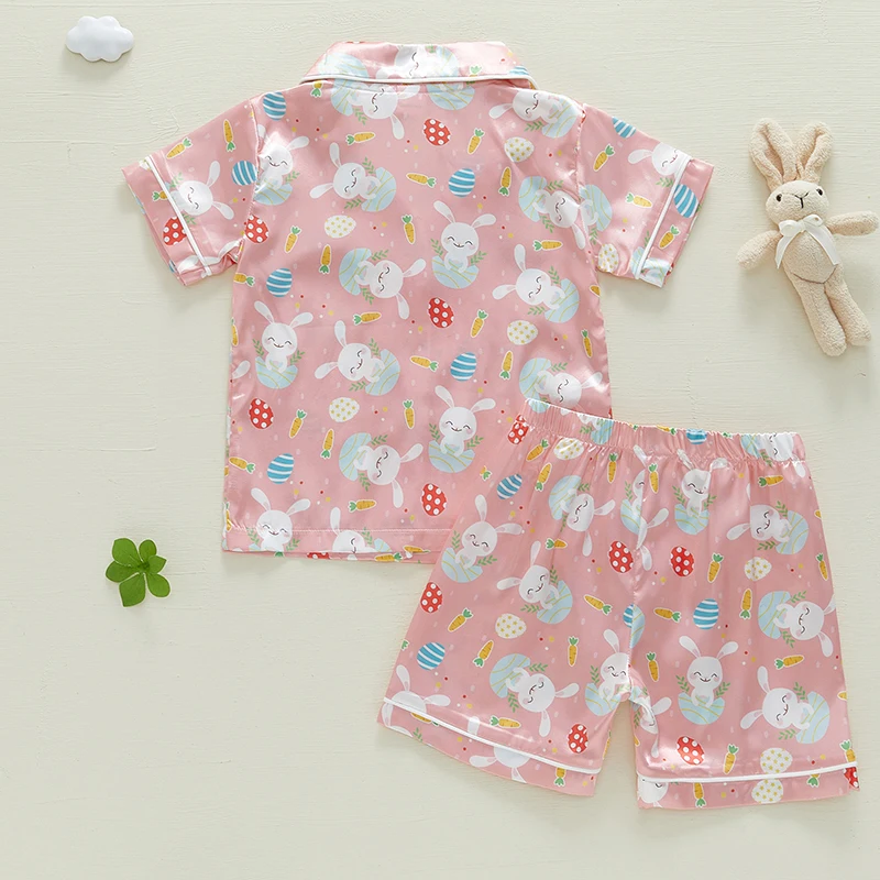 Little Girls Easter Pajamas Set Bunny Button Down V Neck Short Sleeve Tops and Shorts Summer Lounge Wear 2 Pieces Set