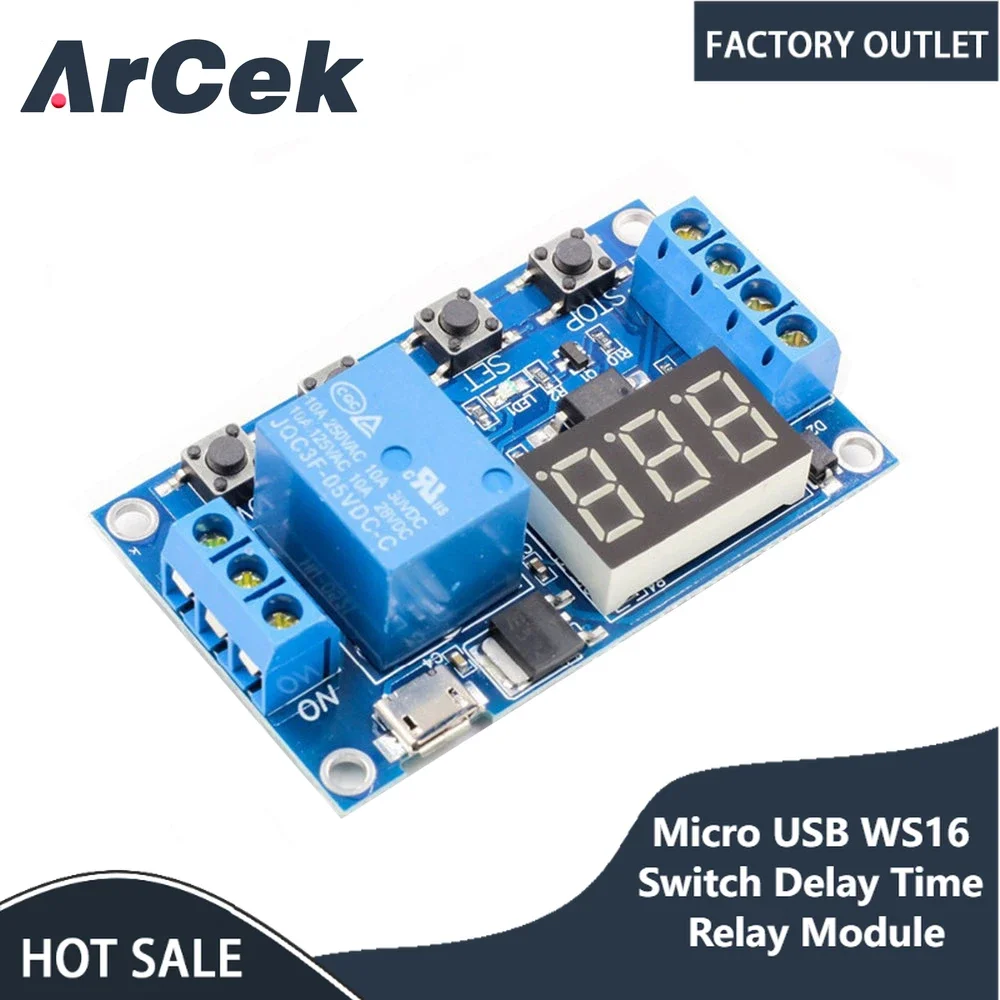 Micro USB WS16 Switch Delay Time Relay Module 5V LED Display Automation Cycle Delay Timer Control Board DC 6-30V 6V 9V 12V 24V