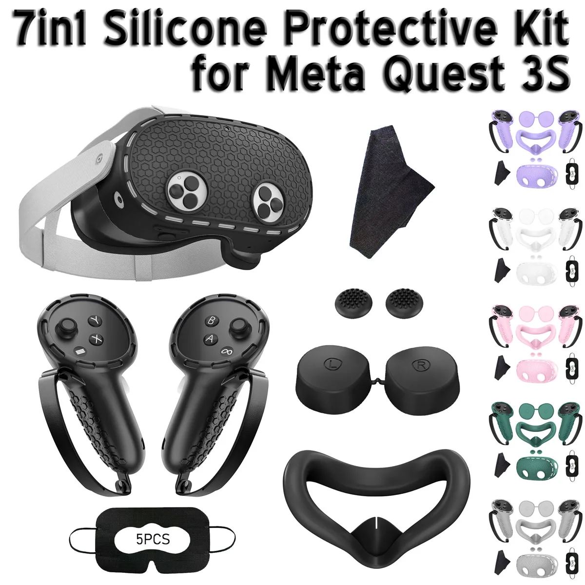 7in1 Silicone Protective Kit for Meta Quest 3S VR Controller Grip Face Cover Lens Cap Headset Shell Anti-Slip Accessories