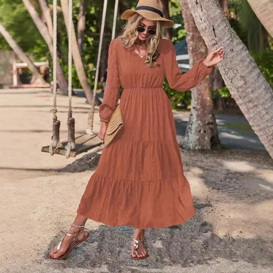 

Casual Women's V-neck Long Sleeve Autumn Loose Waist A-line Solid Color Camping Vacation Style Vestidos Femininos Elegantes 2025