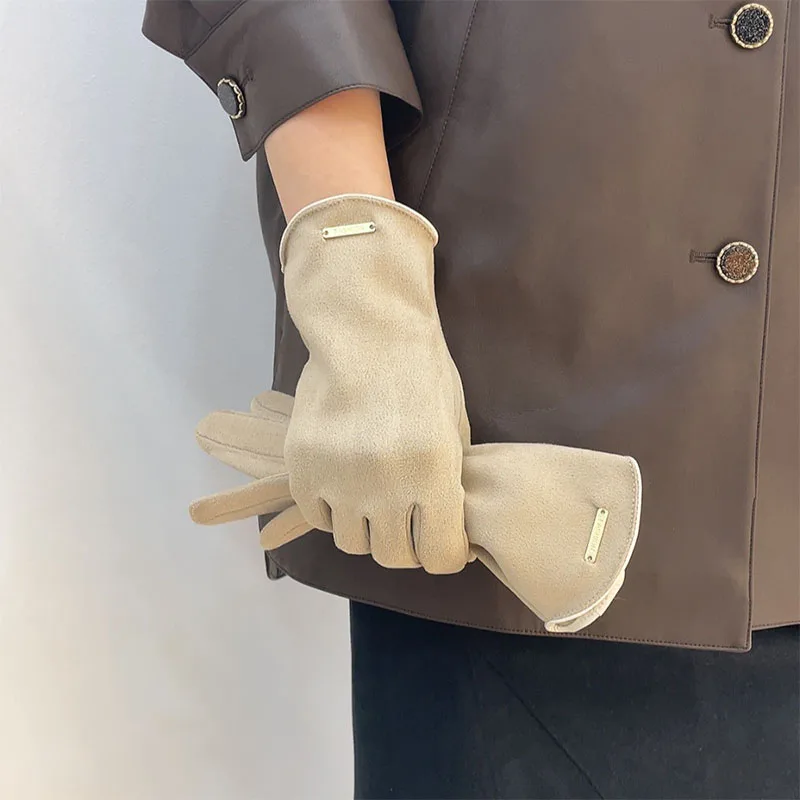 النساء الخريف الشتاء الدفء شاشة تعمل باللمس رقيقة الصلبة قفازات بسيطة الدراجات محرك الجلد المدبوغ النسيج أنيقة يندبروف