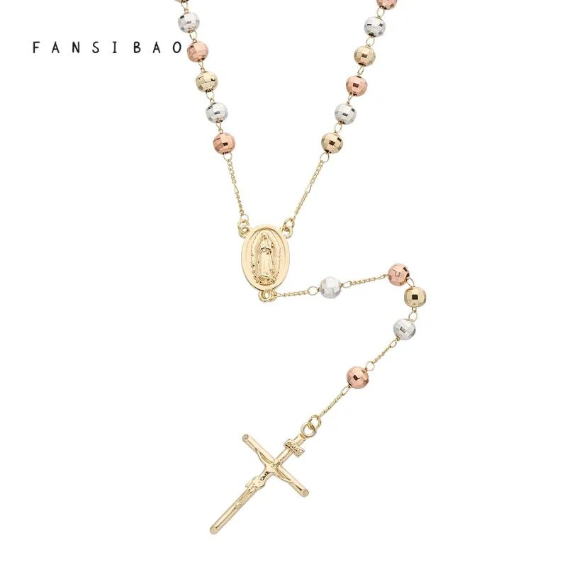 FanSibao Maria style jewelry necklace tri color bead cross pendant perfect combination fashion faith