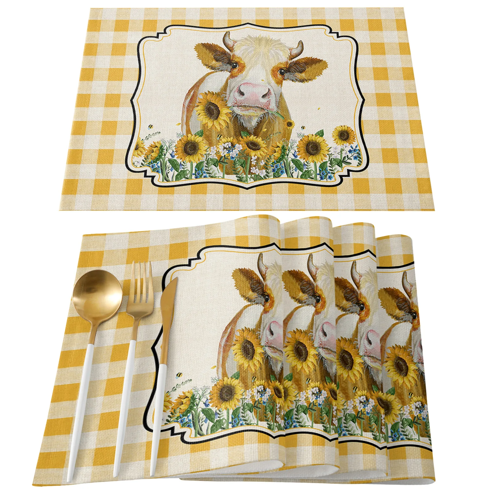 Country Style Farm Cow Sunflower Yellow Plaid Table Runners Kitchen Dining Tablecloths Wedding Party Table Decor Table Runner