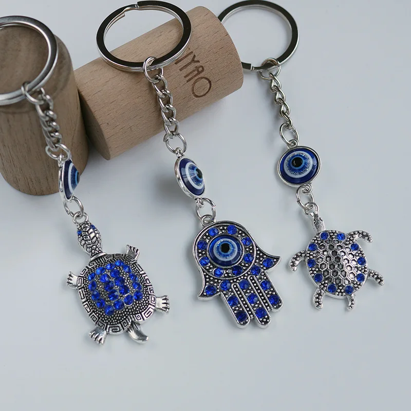 10pcs Blue Evil Eyes Key Ring Fashion Turtle Palm Ornaments Charms Lucky Turkish Pendant Keychain Key Chains Accessories