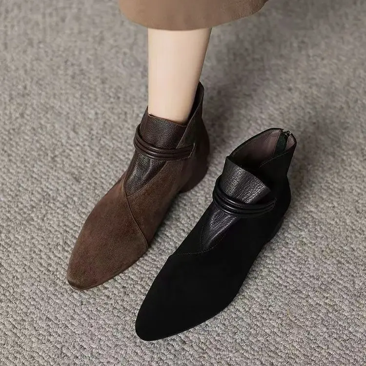 

Pointed Toe Ruffles Leather Ankle Boots Women Ankle Strap Low Heel Winter Botas Mujer Cozy Plush Padded Short Botines 2025