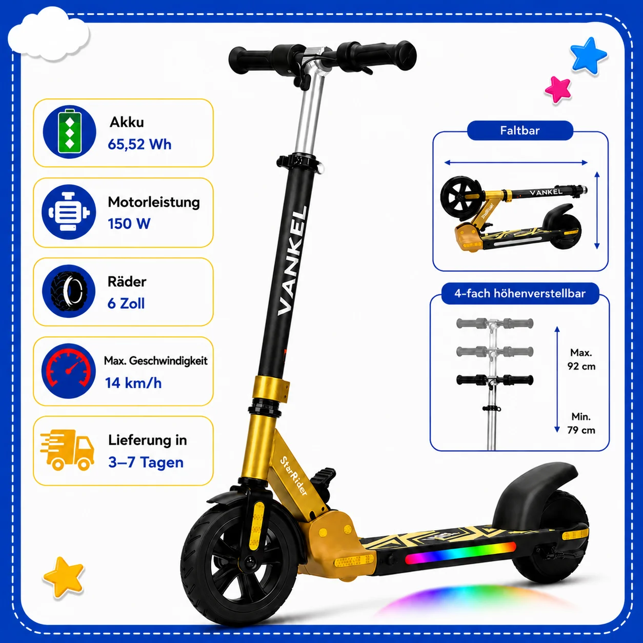 Escooter Kinder Elektrisch 150W, Kinderroller Ab 6 Jahren Klappbar, 14 km/h Elektro Scooter für Jungen Mädchen, 14 km Reichweite, 4 Höhenstufen, LED Beleuchtung, Doppelbremse, 6.5 Zoll Reifen, Max 50
