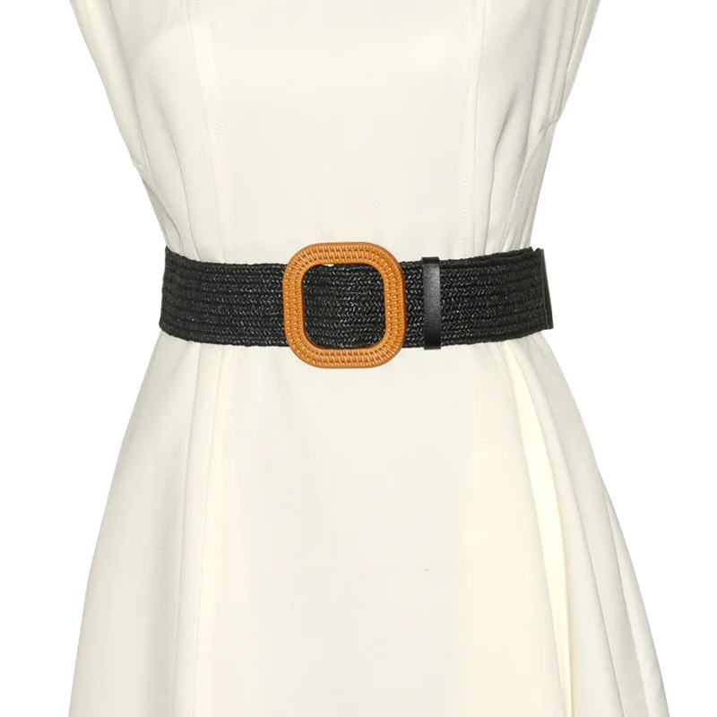

Wide Fashion Braid Belts For Women Square Buckle Dress Jans Shirt Decoration Waistband Candy Color Elastic Grass Woven Belt