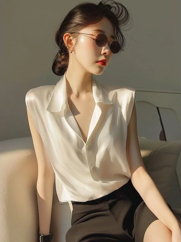 

Versatile Silk Acetate Sleeveless Shirt Loose Casual Fashionable Thinming Korean Style Thinming Summer Commute Style Shirt